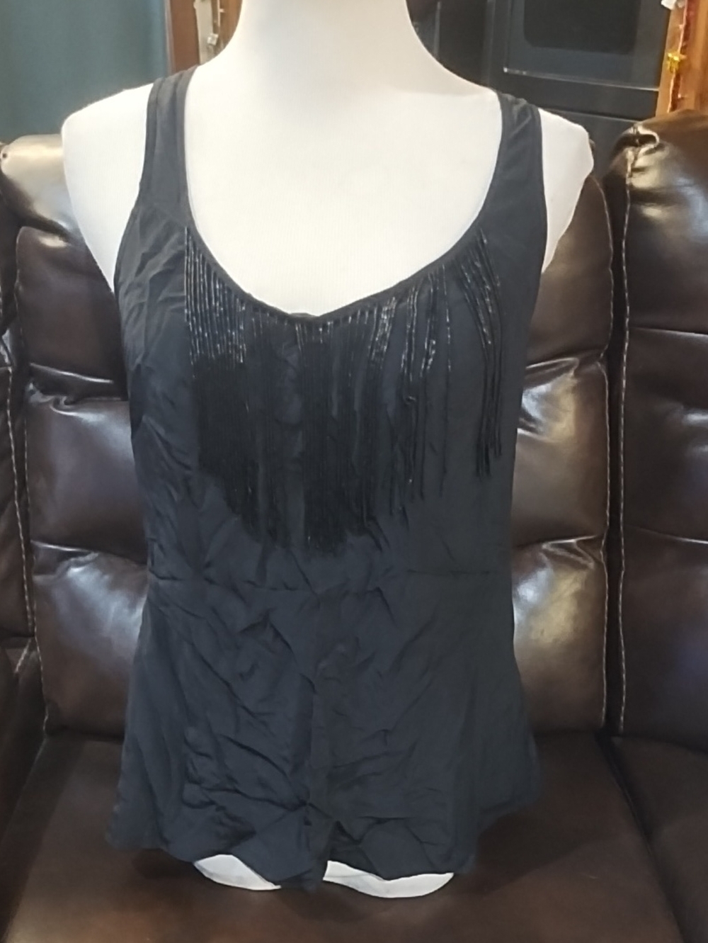 Matty M Black Fringe Scoop Silk  Tank Top